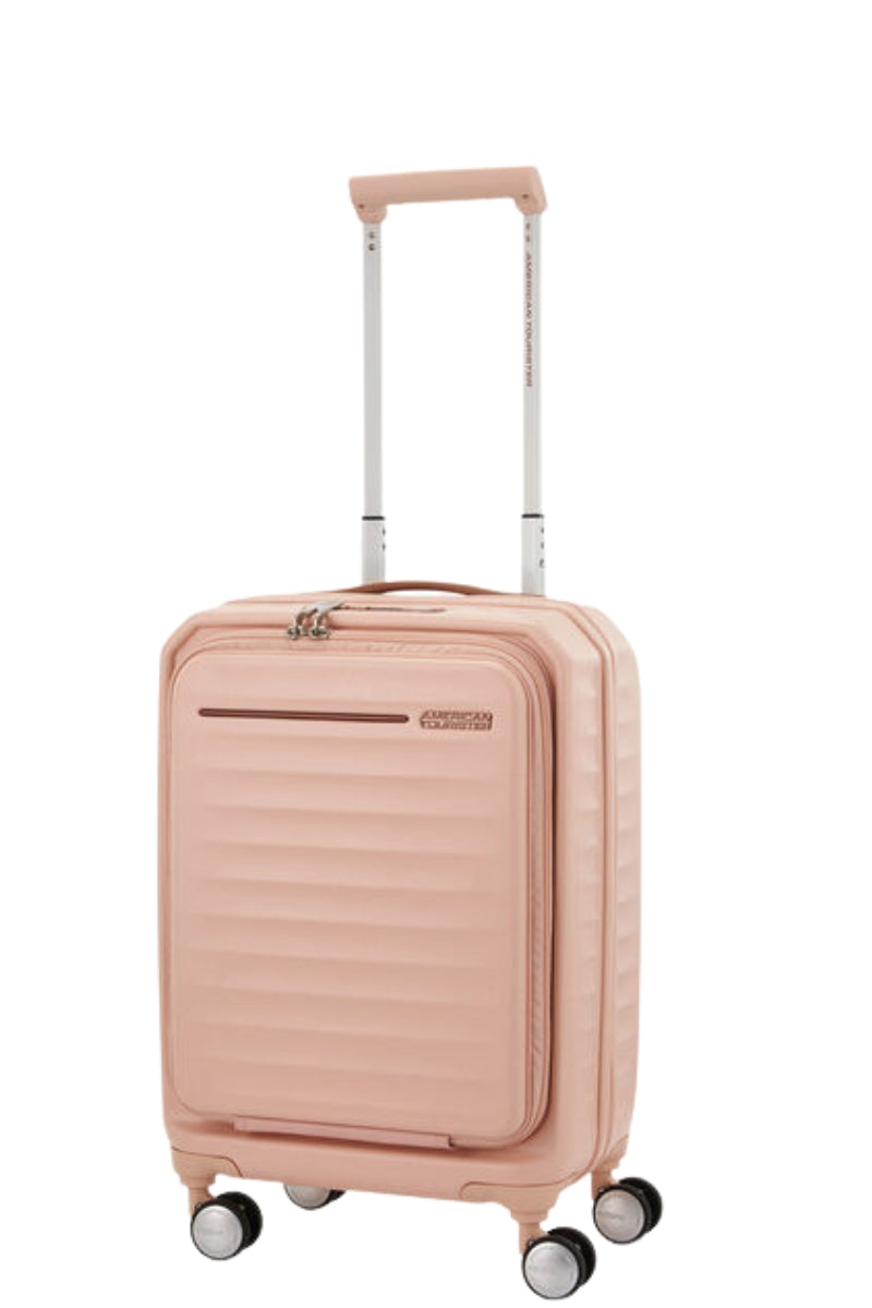 Front view of the American Tourister Frontec Spinner cabin in Apricot, showcasing its unique vertical front-access door and clean, contemporary lines. Available for Online Purchase