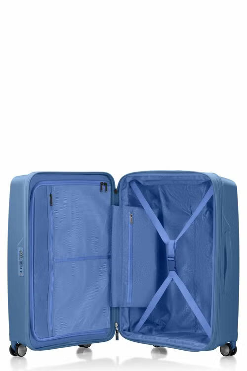 Inside view of the American Tourister Argyle hard suitcase in Blue Slate, with geometric design, TSA lock, and spinner wheels Available Online