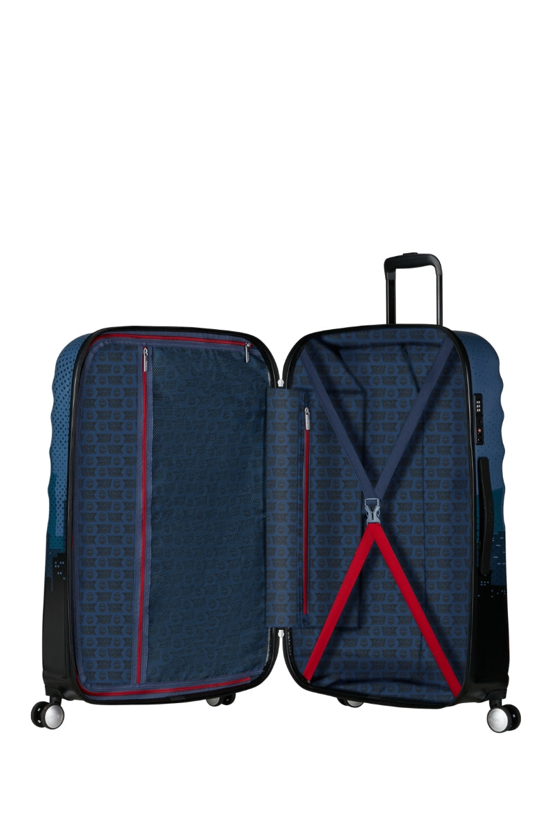 Interior view of the Marvel Wavebreaker spinner, showing the character-themed rPET lining, elastic cross-straps, and a zippered mesh divider.. Shop the Latest Online