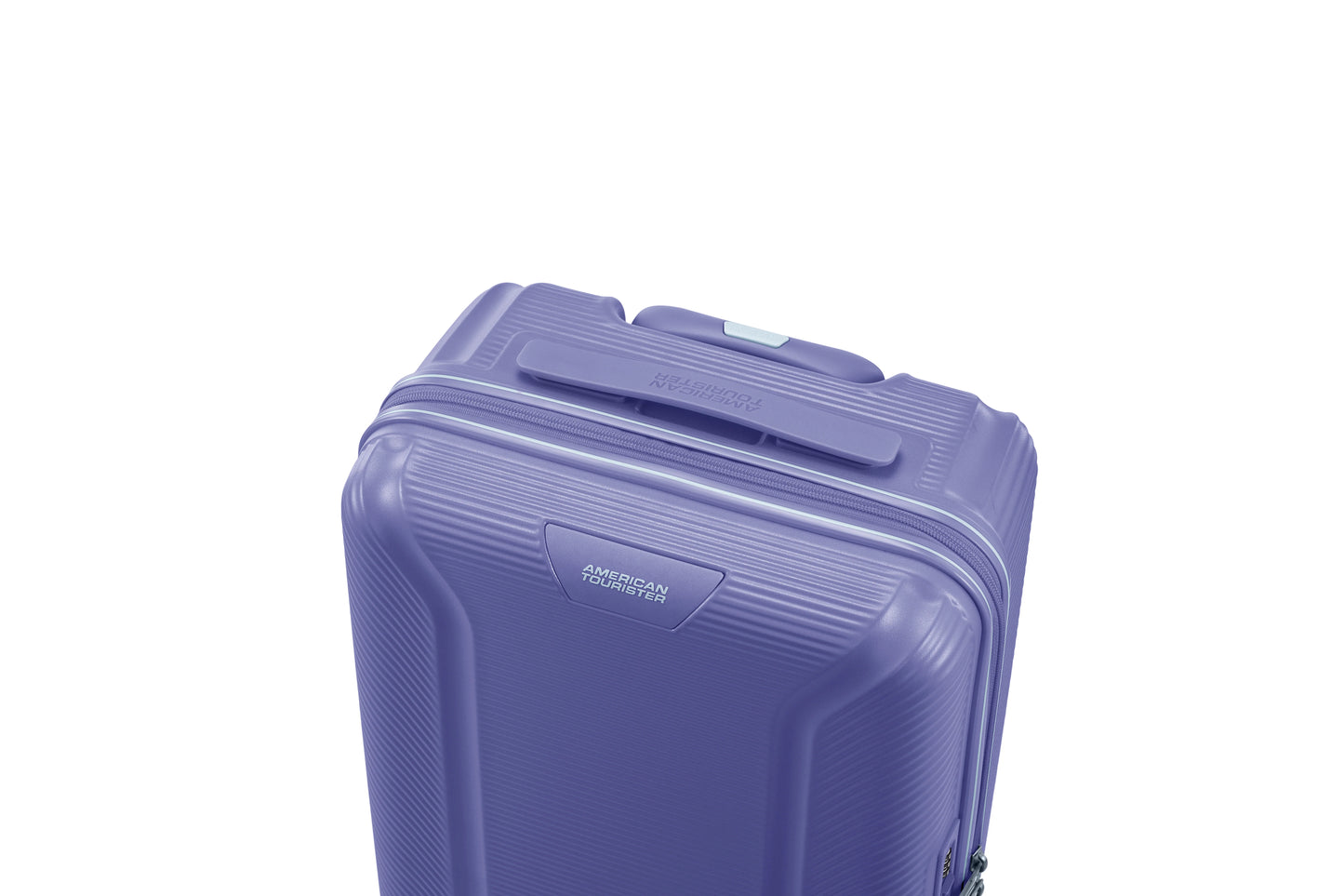 Top view of the American Tourister Robotech spinner hard luggage in Future Dusk, showing the sleek textured hardshell and robust double wheels. Shop Online