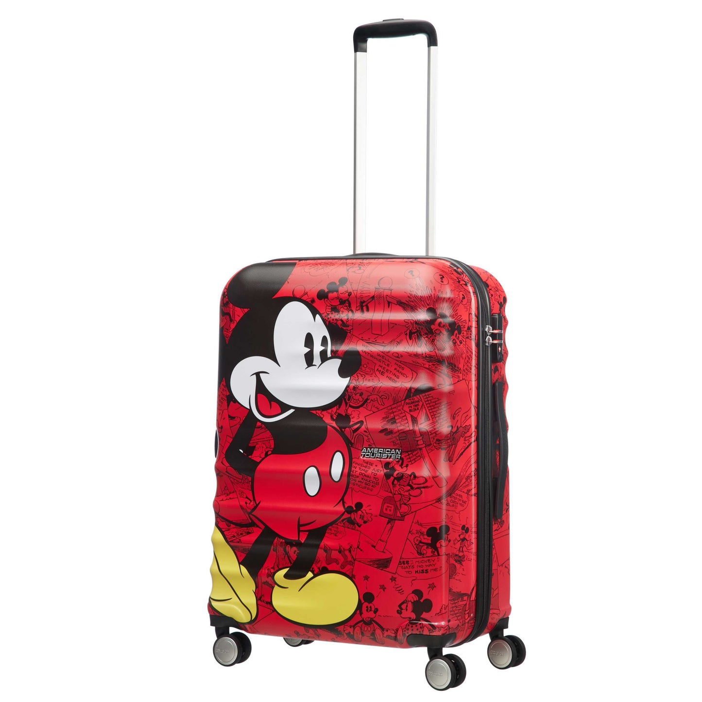Angled front view of the American Tourister Disney Wavebreaker Mickey Comics Red medium spinner, showing the vintage-style comic strip print and bright red shell accents. Available Online