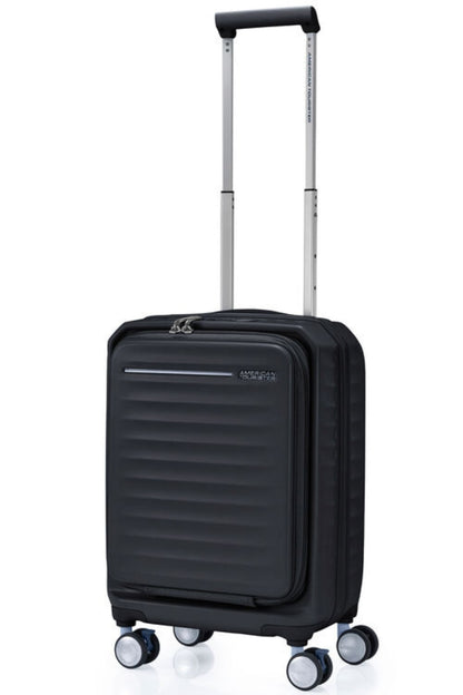 Angled front view of the American Tourister Frontec Spinner cabin in Black, showcasing its unique vertical front-access door and clean, contemporary lines. Available for Online Purchase