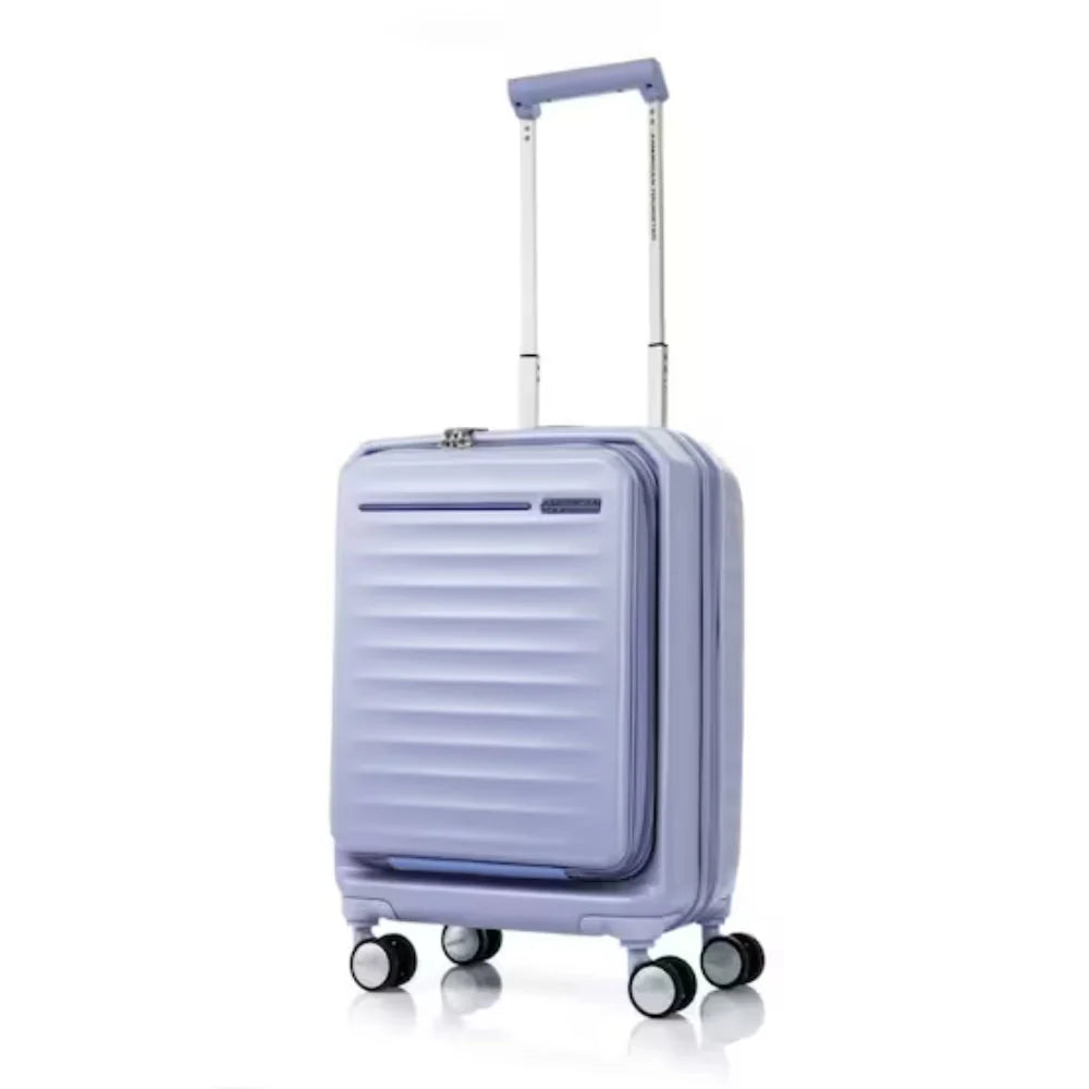 Angled front view of the American Tourister Frontec Spinner cabin in Lilac, showcasing its unique vertical front-access door and clean, contemporary lines. Available for Online Purchase