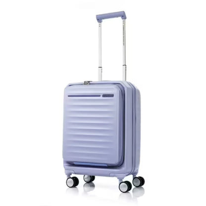 Angled front view of the American Tourister Frontec Spinner cabin in Lilac, showcasing its unique vertical front-access door and clean, contemporary lines. Available for Online Purchase