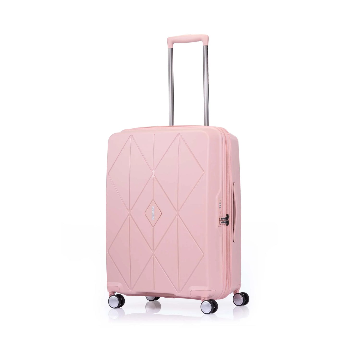 Angled view of the American Tourister Argyle Extra Large hard suitcase in Antique Pink, with geometric design, TSA lock, and spinner wheels Available Online