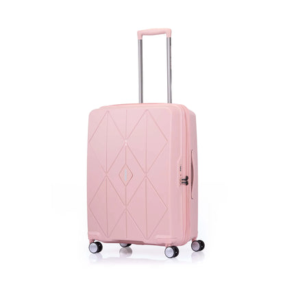 Angled view of the American Tourister Argyle Extra Large hard suitcase in Antique Pink, with geometric design, TSA lock, and spinner wheels Available Online