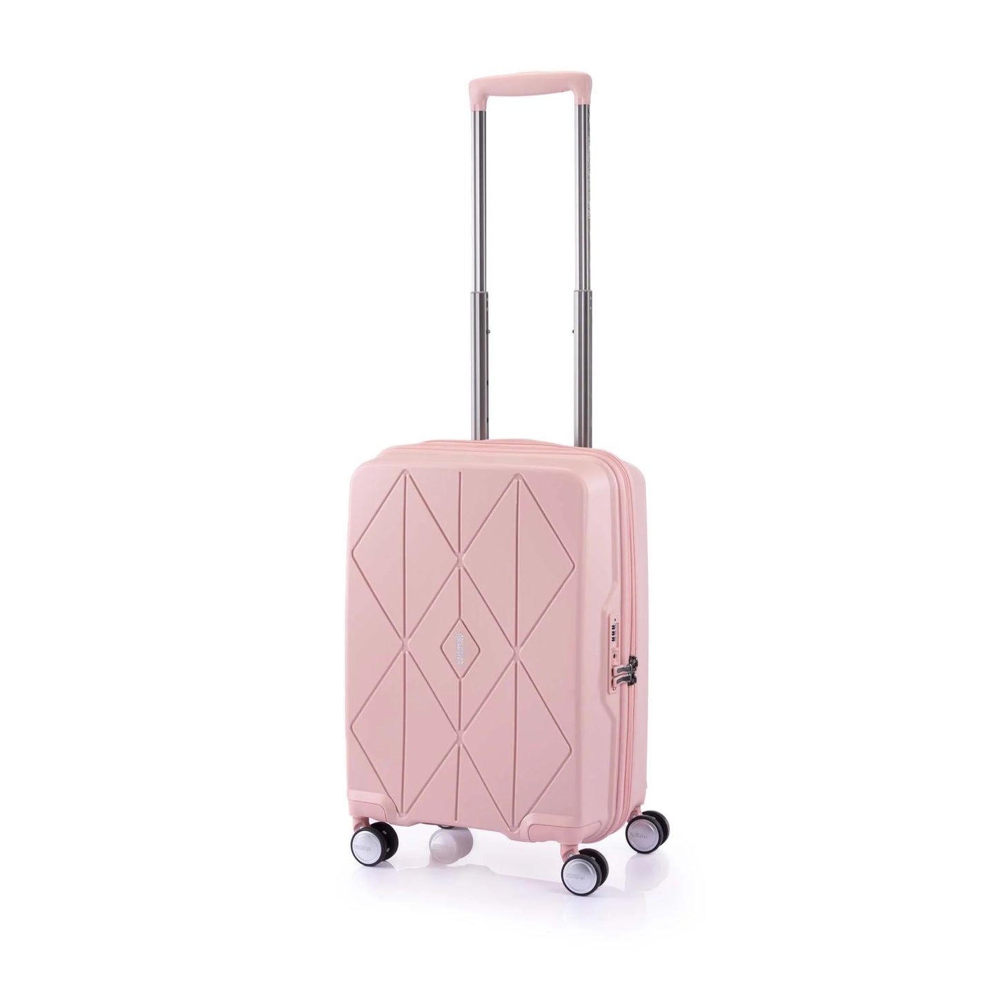 Angled view of the American Tourister Argyle cabin hard suitcase in Antique Pink, with geometric design, TSA lock, and spinner wheels Available Online