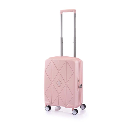 Angled view of the American Tourister Argyle cabin hard suitcase in Antique Pink, with geometric design, TSA lock, and spinner wheels Available Online