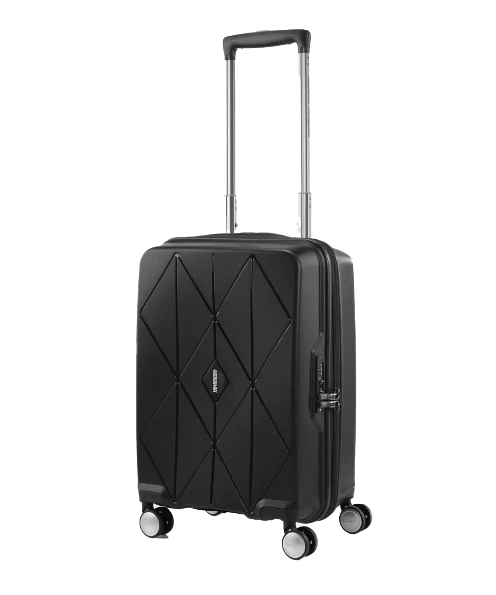 Angled view of the American Tourister Argyle cabin hard suitcase in Black, with geometric design, TSA lock, and spinner wheels Available Online