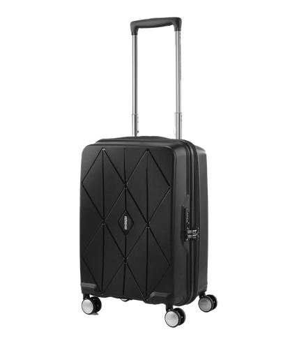 Angled view of the American Tourister Argyle cabin hard suitcase in Black, with geometric design, TSA lock, and spinner wheels Available Online