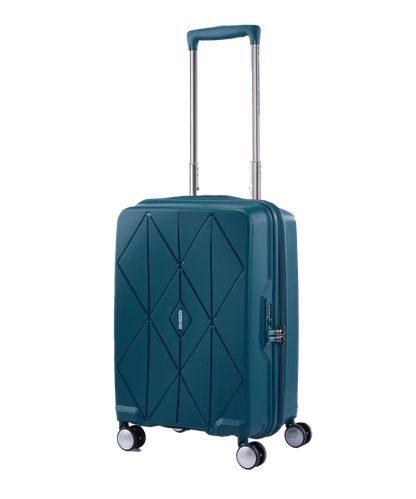 Angled view of the American Tourister Argyle cabin hard suitcase in Deep Teal, with geometric design, TSA lock, and spinner wheels Available Online