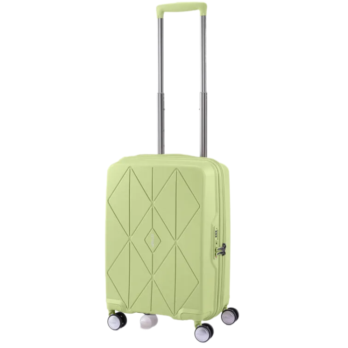 Angled view of the American Tourister Argyle cabin size hard suitcase in Frozen Matcha with geometric design, TSA lock, and spinner wheels Available Online