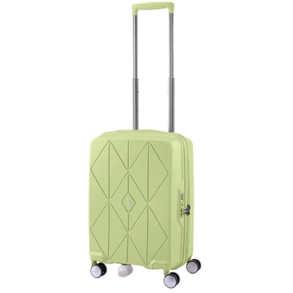 Angled view of the American Tourister Argyle cabin size hard suitcase in Frozen Matcha with geometric design, TSA lock, and spinner wheels Available Online