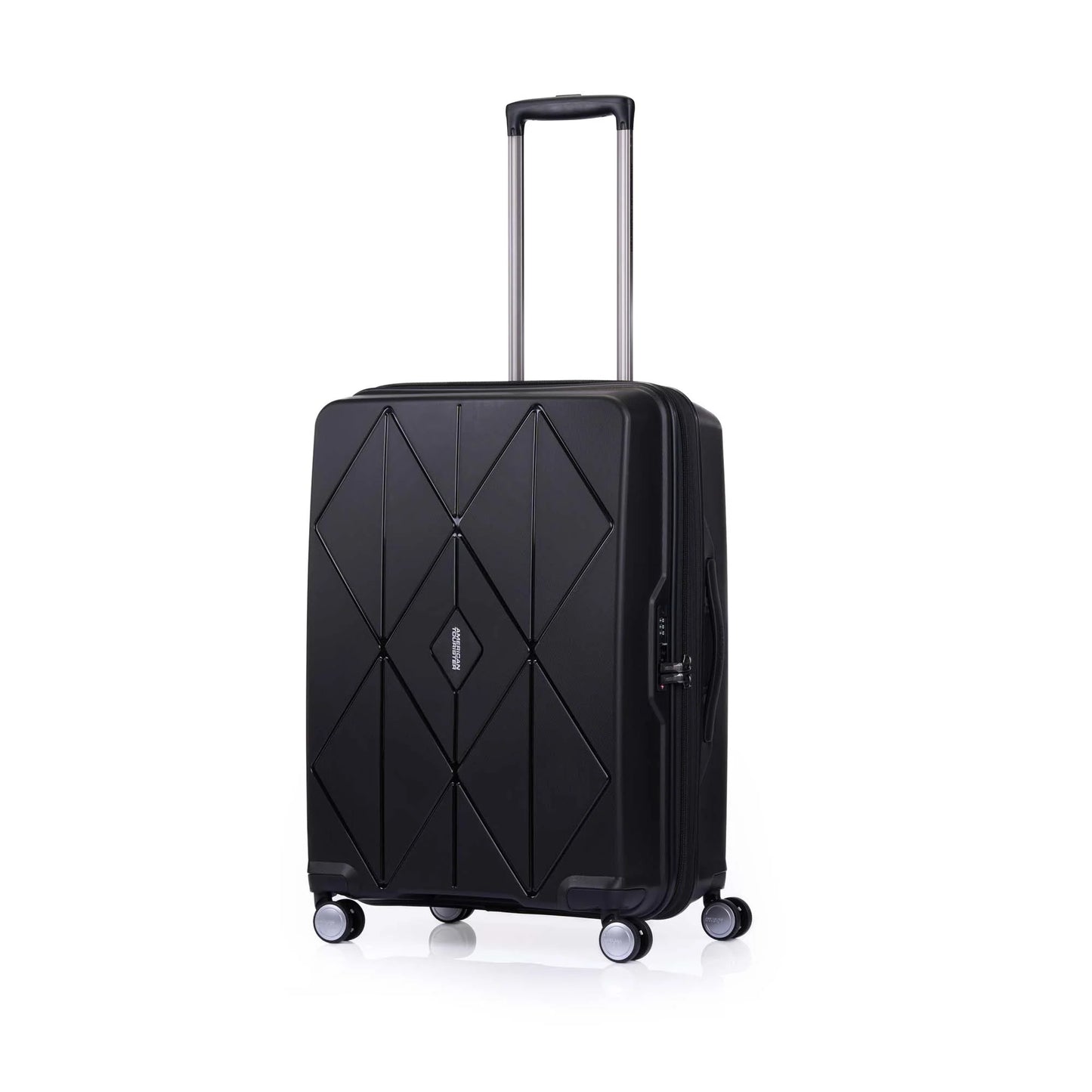 Angled view of the American Tourister Argyle extra large hard suitcase in Black, with geometric design, TSA lock, and spinner wheels Available Online