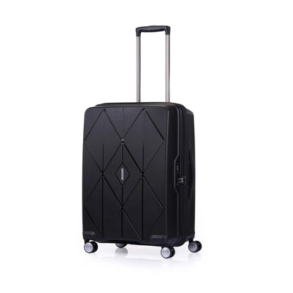 Angled view of the American Tourister Argyle extra large hard suitcase in Black, with geometric design, TSA lock, and spinner wheels Available Online