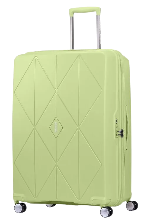 Angled view of the American Tourister Argyle hard suitcase in Frozen Matcha with geometric design, TSA lock, and spinner wheels Available Online