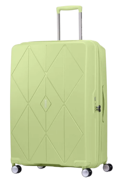 Angled view of the American Tourister Argyle hard suitcase in Frozen Matcha with geometric design, TSA lock, and spinner wheels Available Online
