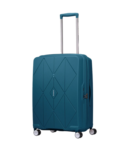 Angled view of the American Tourister Argyle medium hard suitcase in Deep Teal, with geometric design, TSA lock, and spinner wheels Available Online