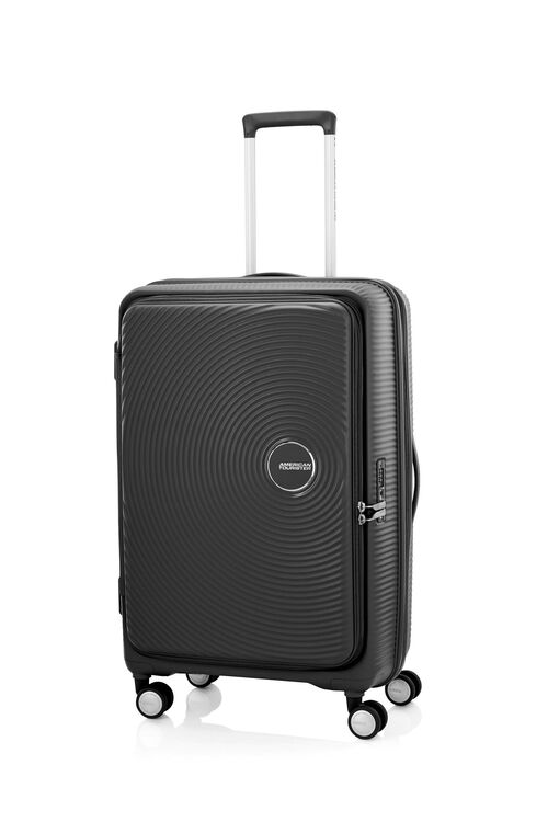Angled view of the American Tourister Curio Book Opening hard luggage spinner in Black, showcasing its iconic concentric circle "ripple" design on a durable polypropylene shell. Find Now Online