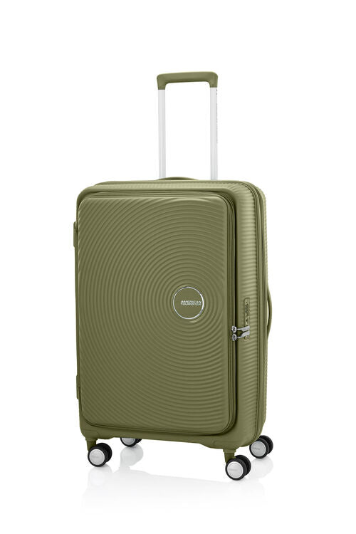 Angled view of the American Tourister Curio Book Opening hard luggage spinner in Bo Khaki, showcasing its iconic concentric circle "ripple" design on a durable polypropylene shell. Find Now Online