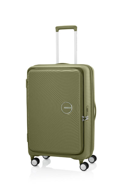 Angled view of the American Tourister Curio Book Opening hard luggage spinner in Bo Khaki, showcasing its iconic concentric circle "ripple" design on a durable polypropylene shell. Find Now Online