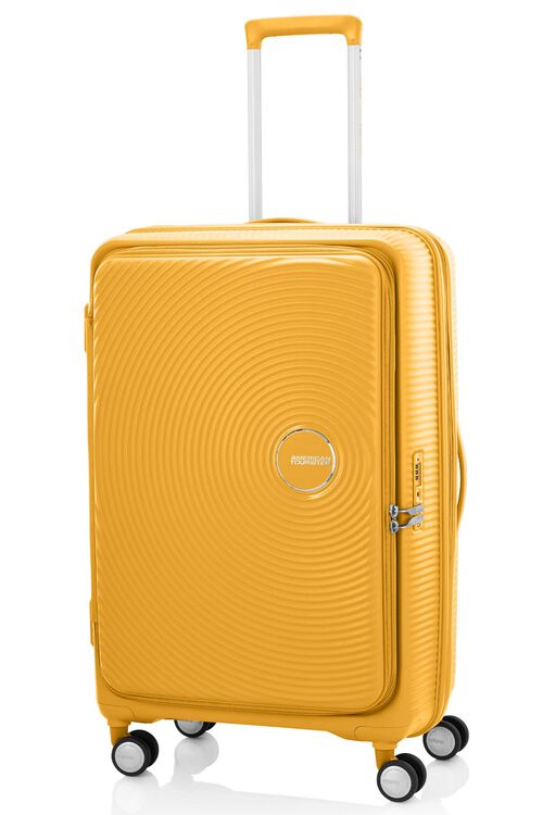 Angled view of the American Tourister Curio Book Opening hard luggage spinner in Yellow, showcasing its iconic concentric circle "ripple" design on a durable polypropylene shell. Find Now Online