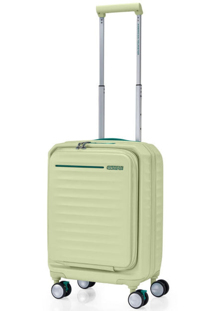 Angled view of the American Tourister Frontec Spinner cabin in Frozen Matcha, showcasing its unique vertical front-access door and clean, contemporary lines. Available for Online Purchase