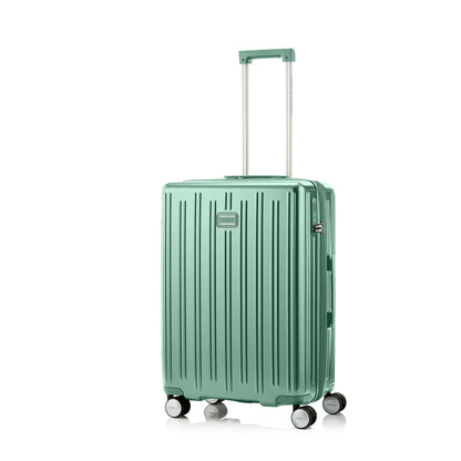 Angled view of the American Tourister Reggio hard luggage in Green, highlighting its modern textured shell and smooth double spinner wheels. Available Now Online