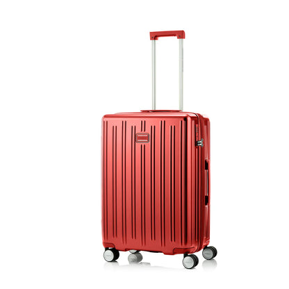 Angled view of the American Tourister Reggio hard luggage in Red, highlighting its modern textured shell and smooth double spinner wheels. Available Now Online