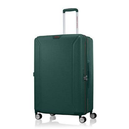 Angled view of the American Tourister Robotech spinner hard luggage in Dark Green, showing the sleek textured hardshell and robust double wheels. Shop Online