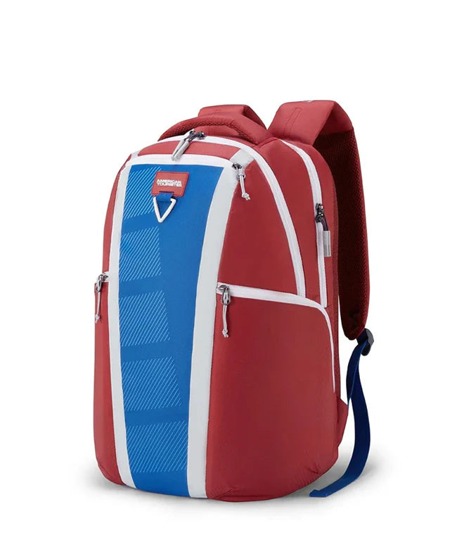Angled view of the Herd 2.0 Backpack in Red/Blue. Shop Now Online 