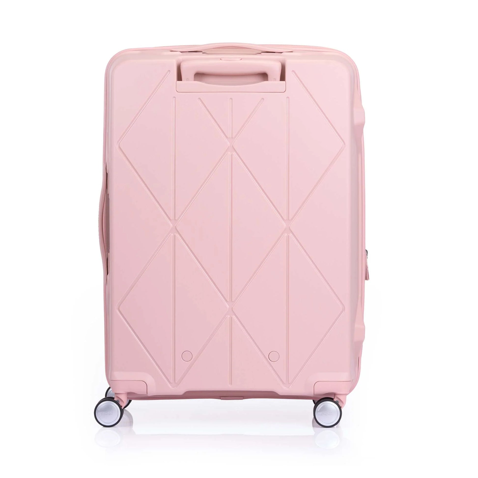 Back view of the American Tourister Argyle Extra Large hard suitcase in Antique Pink, with geometric design, TSA lock, and spinner wheels Available Online