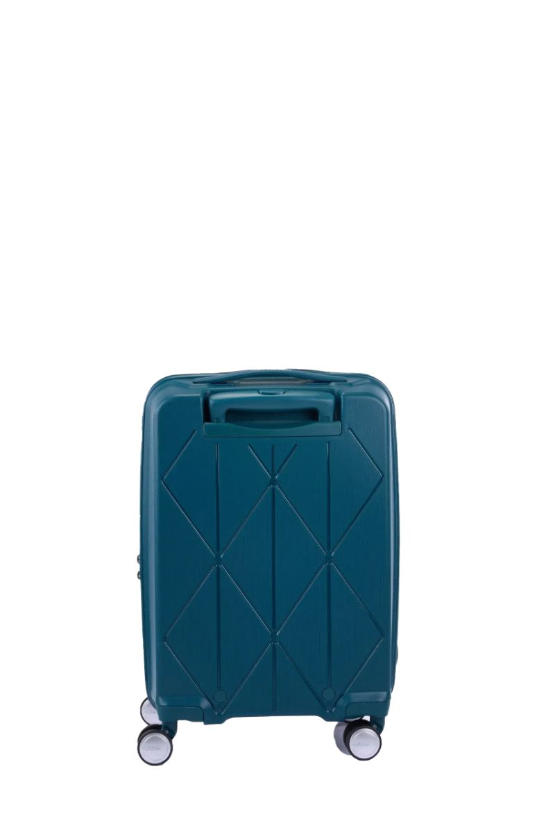 Back view of the American Tourister Argyle cabin hard suitcase in Deep Teal, with geometric design, TSA lock, and spinner wheels Available Online