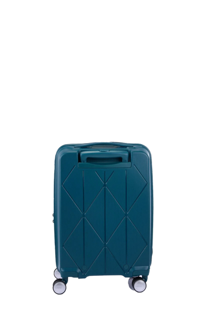Back view of the American Tourister Argyle cabin hard suitcase in Deep Teal, with geometric design, TSA lock, and spinner wheels Available Online