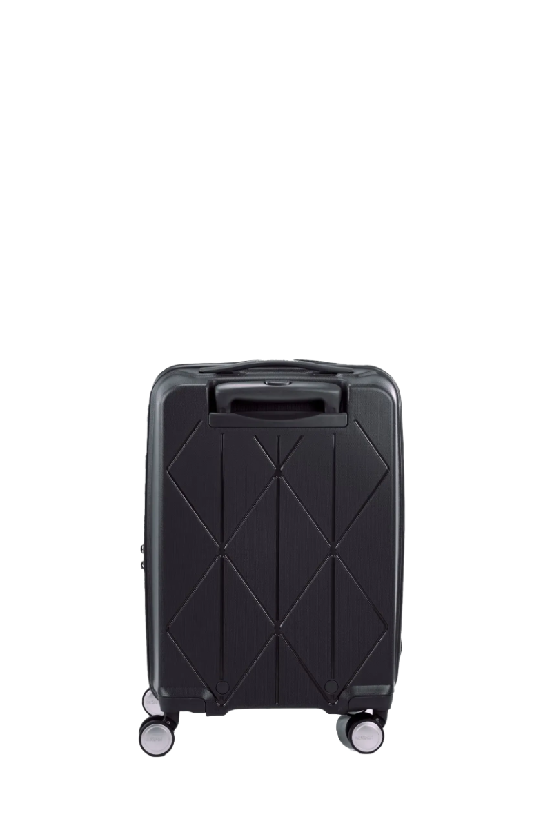 Back view of the American Tourister Argyle hard suitcase in Black, with geometric design, TSA lock, and spinner wheels Available Online
