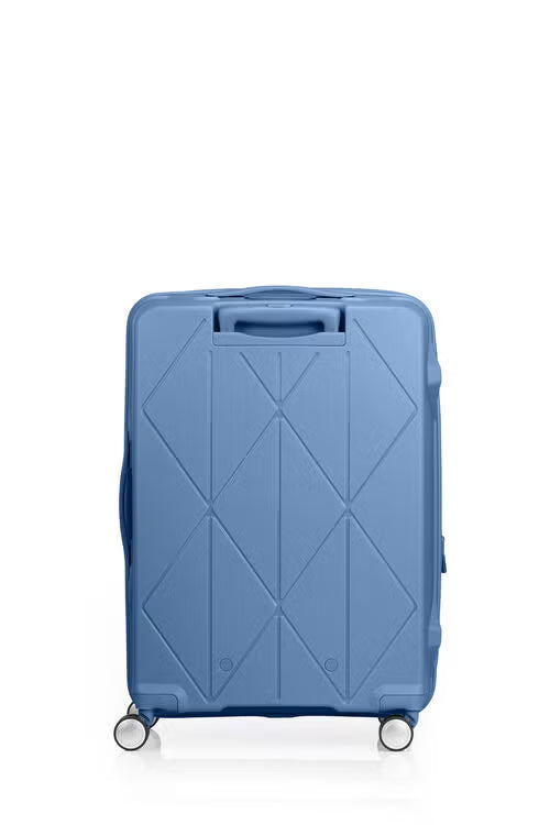 Back view of the American Tourister Argyle hard suitcase in Blue Slate, with geometric design, TSA lock, and spinner wheels Available Online