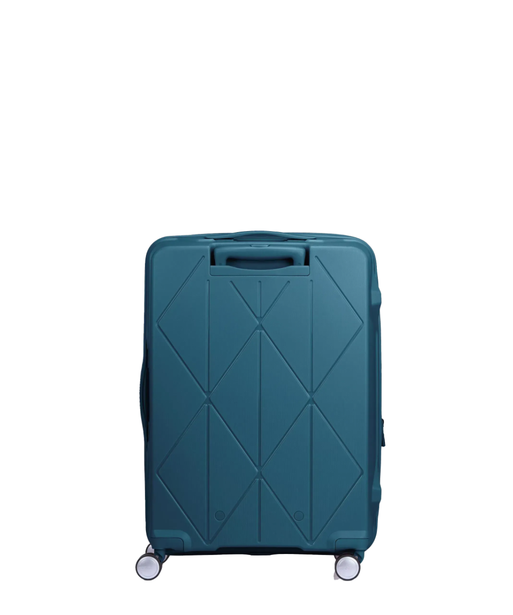 Back view of the American Tourister Argyle hard suitcase in Deep Teal, with geometric design, TSA lock, and spinner wheels Available Online