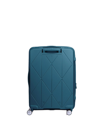 Back view of the American Tourister Argyle hard suitcase in Deep Teal, with geometric design, TSA lock, and spinner wheels Available Online