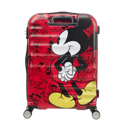 Back view of the American Tourister Disney Wavebreaker Mickey Comics Red spinner, showing the vintage-style comic strip print and bright red shell accents. Available Online