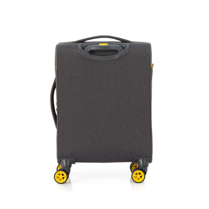 Back view of the American Tourister Droyce soft-shell spinner in Grey, featuring a modern dip-dye color gradient, yellow accents, and a distinctive metal logo. Shop Now Online