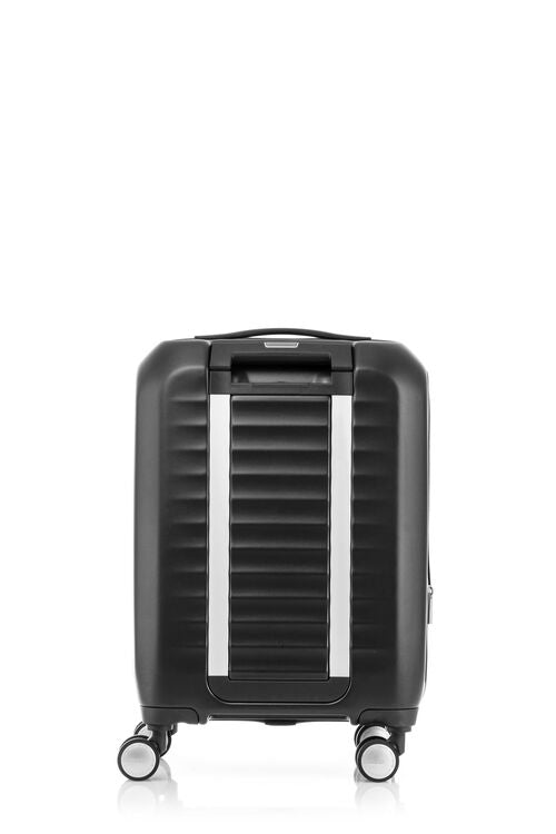 Back view of the American Tourister Frontec Spinner cabin in Black, showcasing its unique vertical front-access door and clean, contemporary lines. Available for Online Purchase