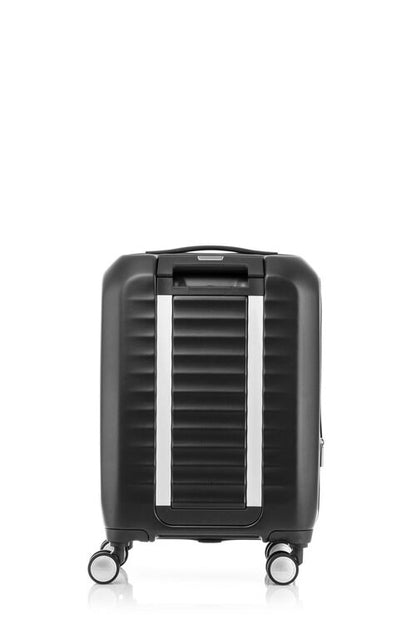 Back view of the American Tourister Frontec Spinner cabin in Black, showcasing its unique vertical front-access door and clean, contemporary lines. Available for Online Purchase