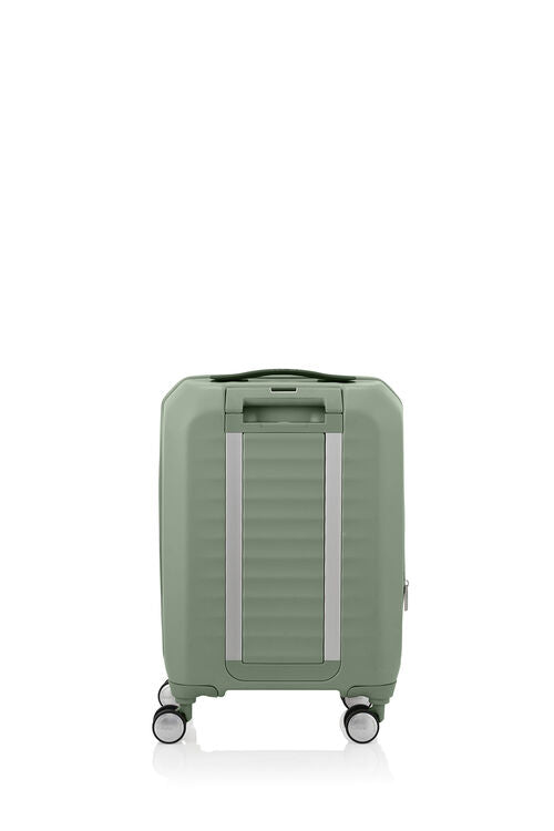 Back view of the American Tourister Frontec Spinner cabin in Forest Green, showcasing its unique vertical front-access door and clean, contemporary lines. Available for Online Purchase