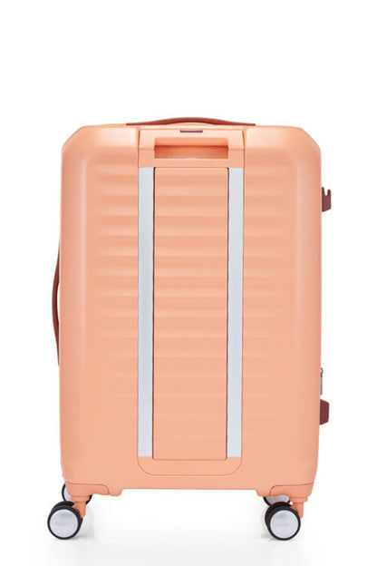 Back view of the American Tourister Frontec Spinner in Apricot Blush, showcasing its unique vertical front-access door and clean, contemporary lines. Available for Online Purchase