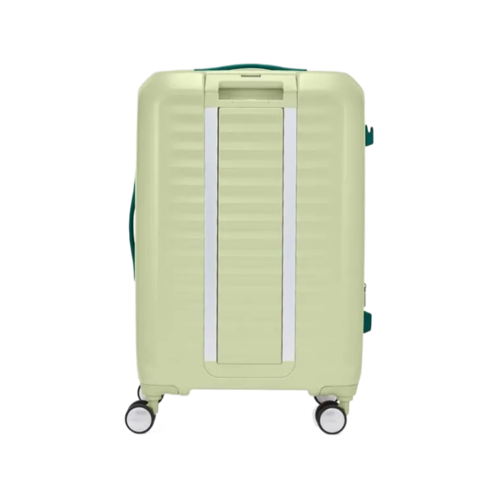 Back view of the American Tourister Frontec Spinner in Frozen Matcha, showcasing its unique vertical front-access door and clean, contemporary lines. Available for Online Purchase