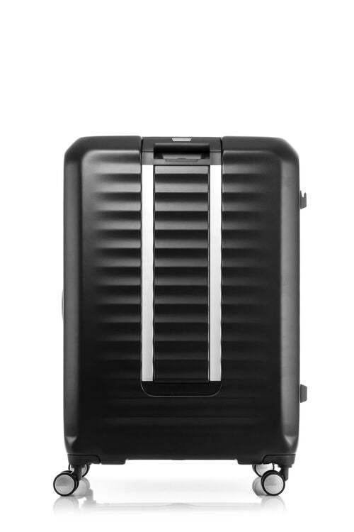 Back view of the American Tourister Frontec Spinner large in Black, showcasing its unique vertical front-access door and clean, contemporary lines. Available for Online Purchase