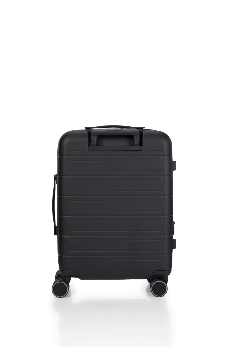Back view of the American Tourister Novastream Cabin hard suitcase Luggage in Dark Slate, with ribbed design, TSA lock, and spinner wheels. Order Online Today