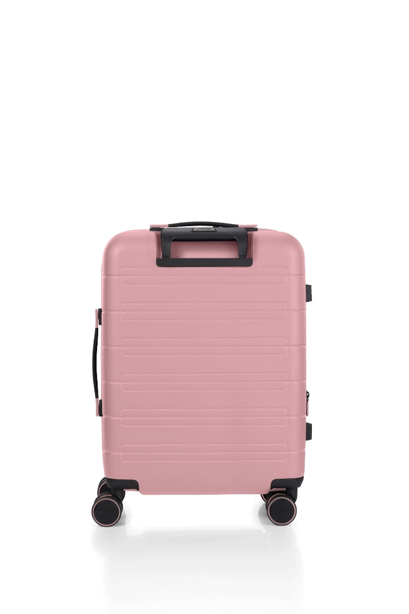 Back view of the American Tourister Novastream Cabin hard suitcase Luggage in Vintage Pink, with ribbed design, TSA lock, and spinner wheels. Order Online Today