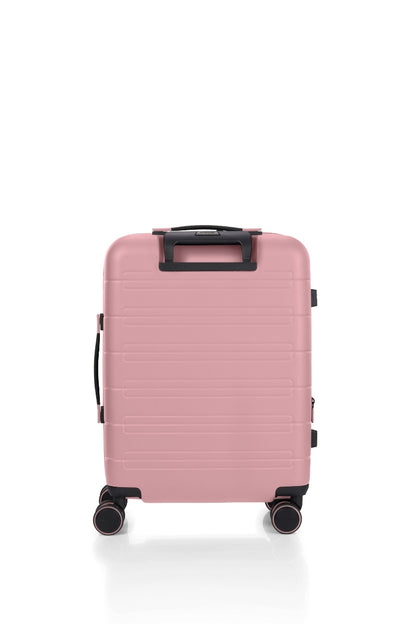 Back view of the American Tourister Novastream Cabin hard suitcase Luggage in Vintage Pink, with ribbed design, TSA lock, and spinner wheels. Order Online Today