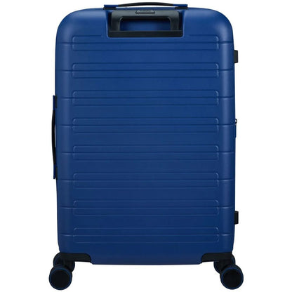 Back view of the American Tourister Novastream hard suitcase Luggage in Navy Blue, with ribbed design, TSA lock, and spinner wheels. Order Online Today